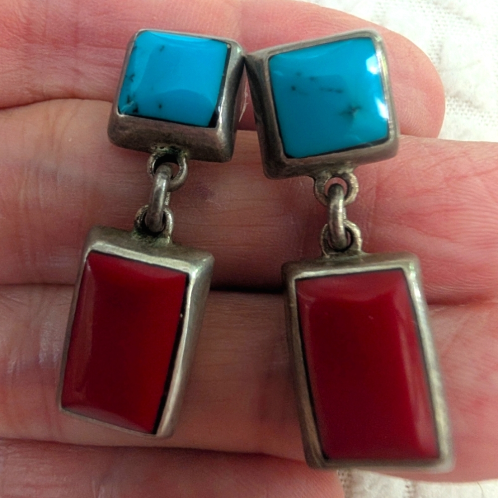 Vintage Native American Turquoise And Coral Dangle Earrings Handmade Navajo